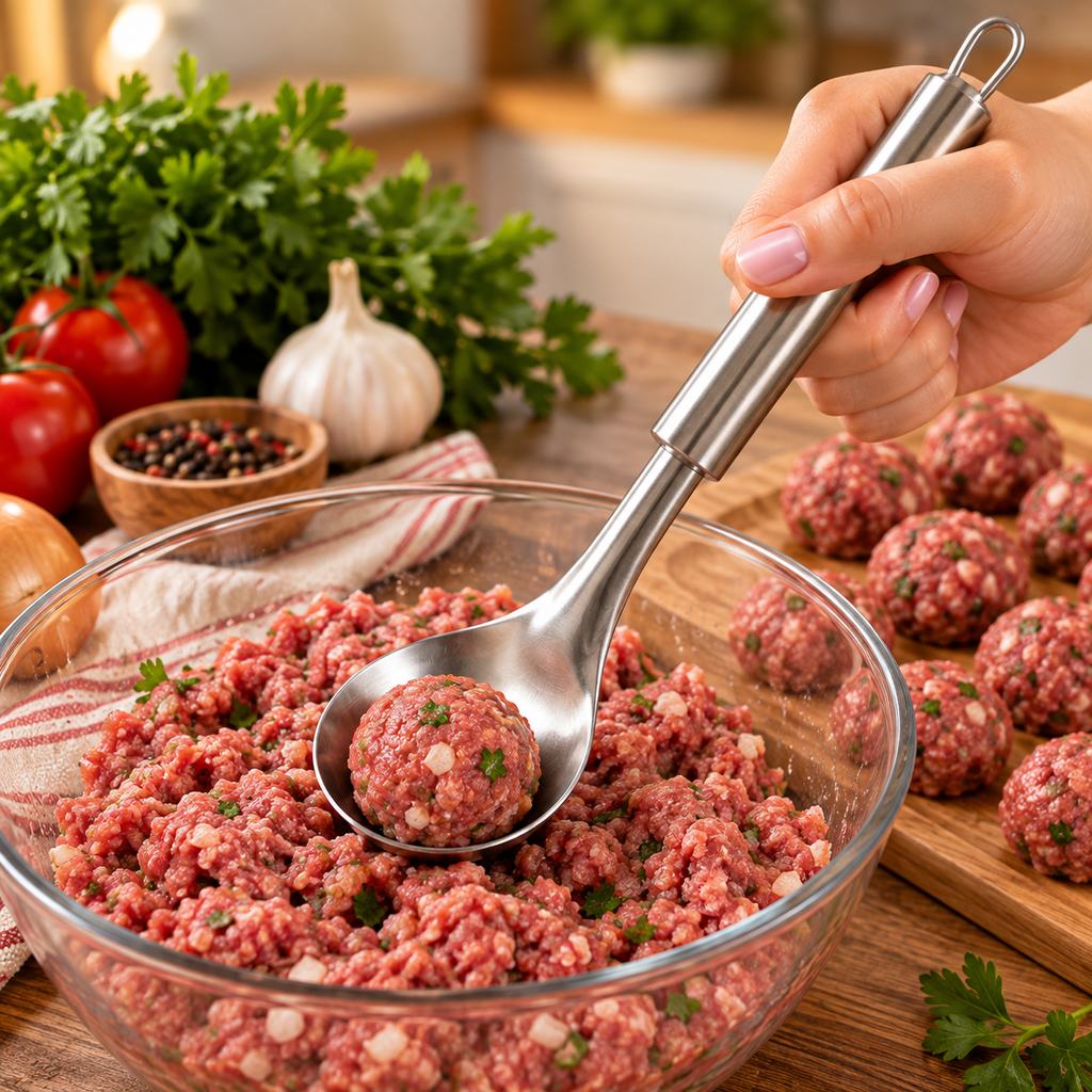 PolpetLux – Colher Italiana Modeladora de Almôndegas em Aço Inox | Bolinhas Perfeitas Sem Sujar as Mãos - Entrega Grátis