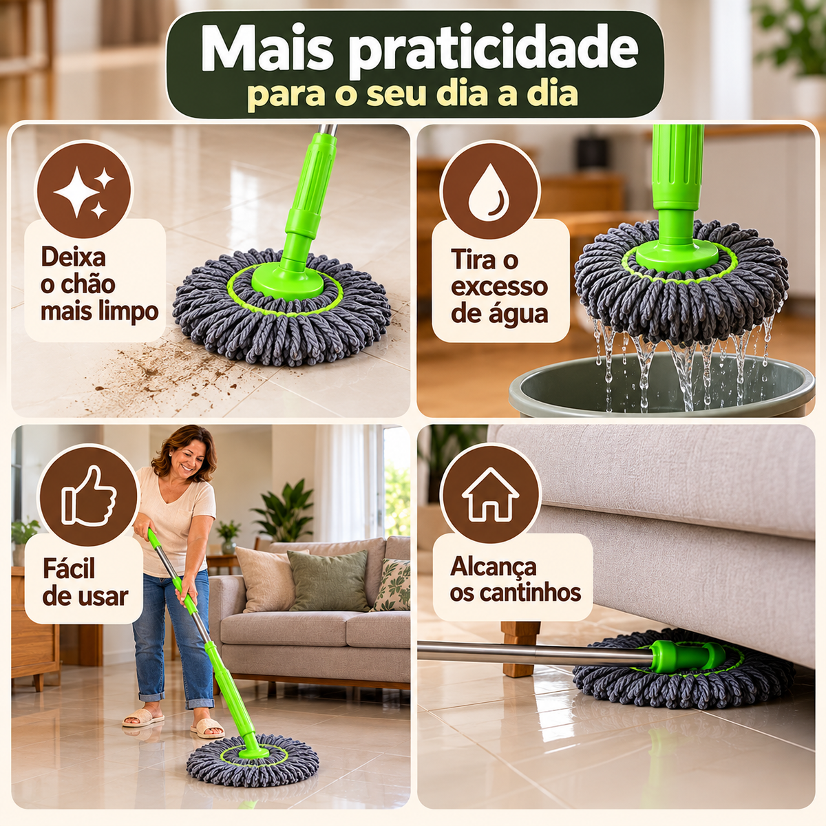 MopFlex -  Esfregão 2 em 1 Giratório Automático Com Desidratação Perfeito Para Limpeza Completa de Piso