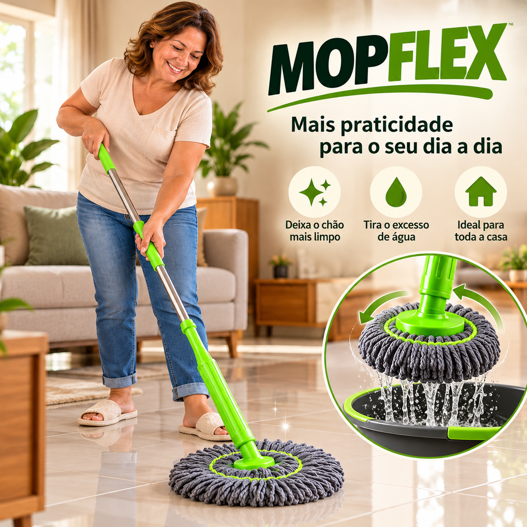 MopFlex -  Esfregão 2 em 1 Giratório Automático Com Desidratação Perfeito Para Limpeza Completa de Piso