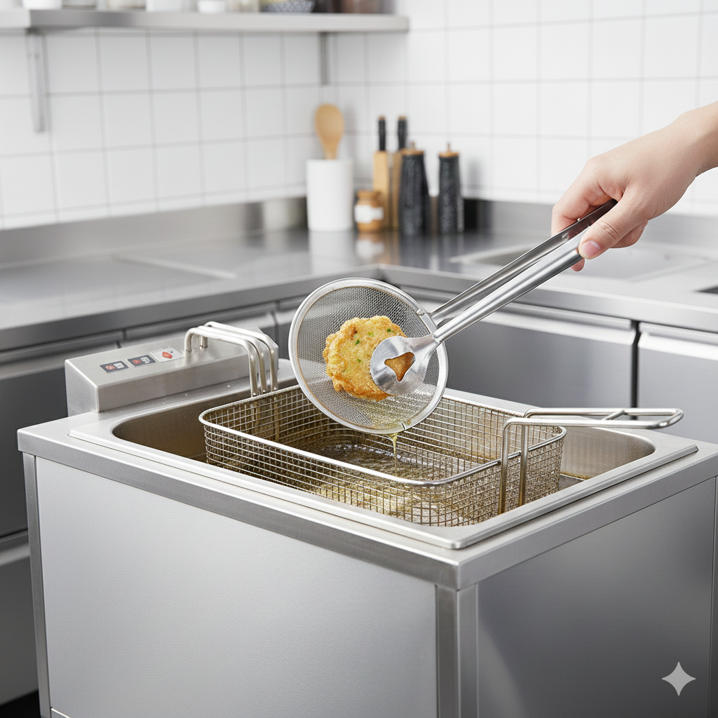 Pinça Escumadeira de Inox para Fritura com Pegador 28,5 cm Alta Resistência e Precisão