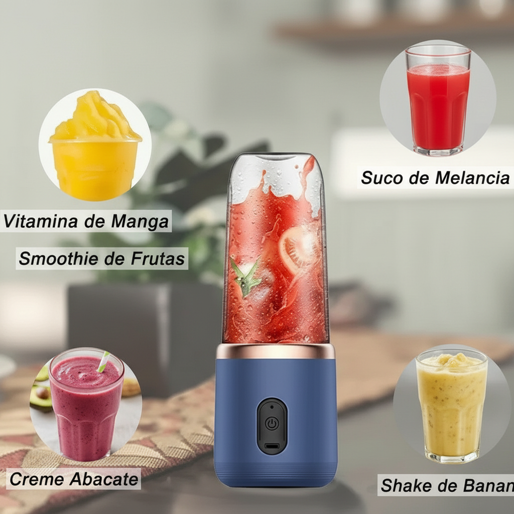 Mini Liquidificador Elétrico 6 Lâminas  Chega de Suco Fraco e Difícil de Fazer! Misture Tudo em Segundos Onde Estiver