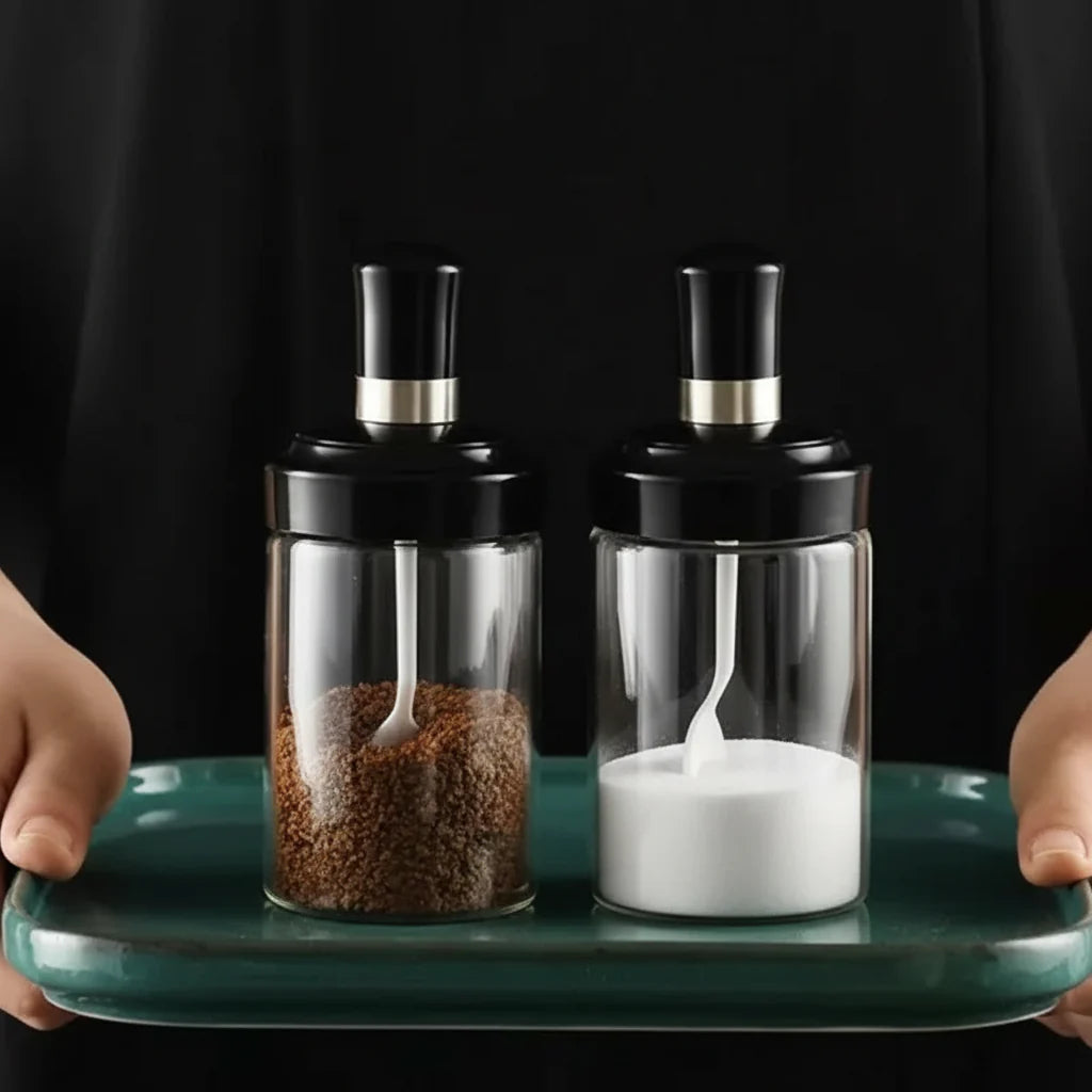 GlassChef - Kit Porta Tempero de Vidro com Tampa e Colher Embutida - Entrega Grátis