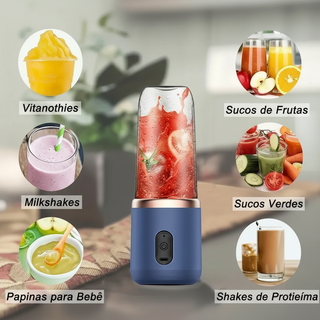 Mini Liquidificador Elétrico 6 Lâminas  Chega de Suco Fraco e Difícil de Fazer! Misture Tudo em Segundos Onde Estiver