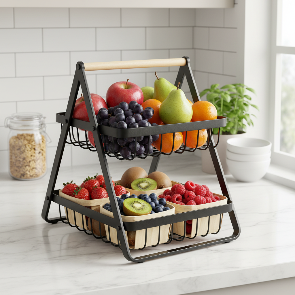 Fruteira de Mesa 2 Andares em Ferro e Bambu  Organizadora Multiuso Preta