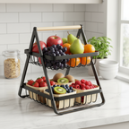 Fruteira de Mesa 2 Andares em Ferro e Bambu  Organizadora Multiuso Preta