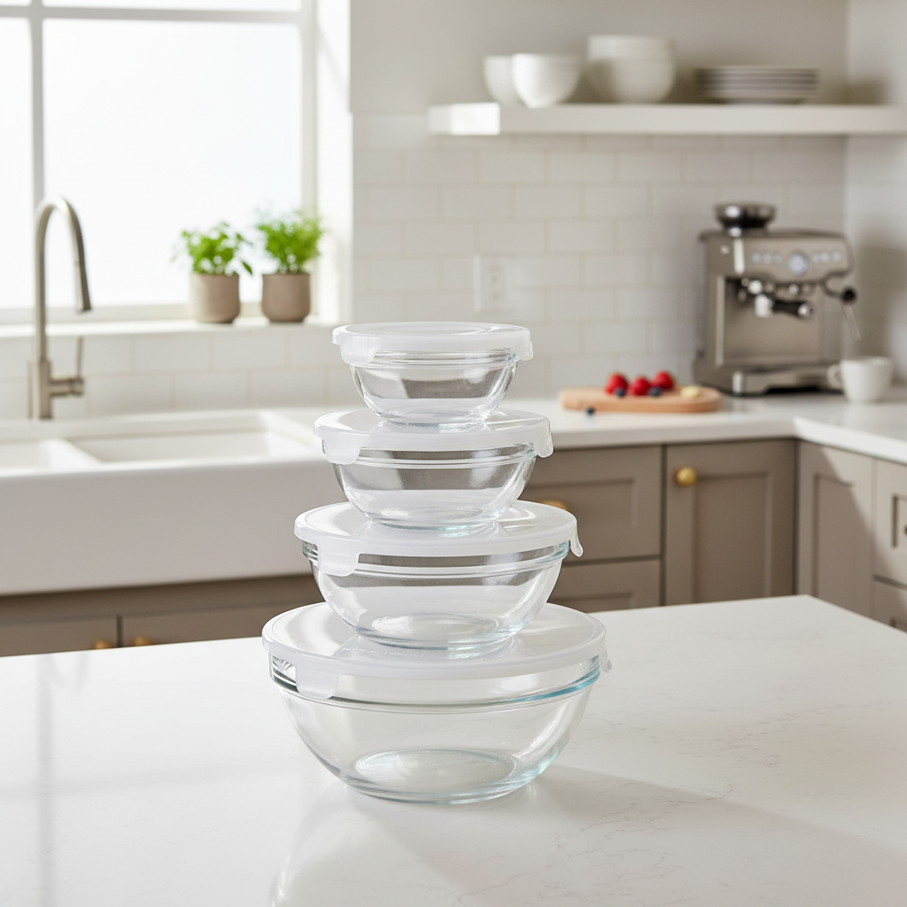 Kit 5 Bowls de Vidro com Tampa Hermética Micro-ondas, Geladeira e Freezer Empilhável