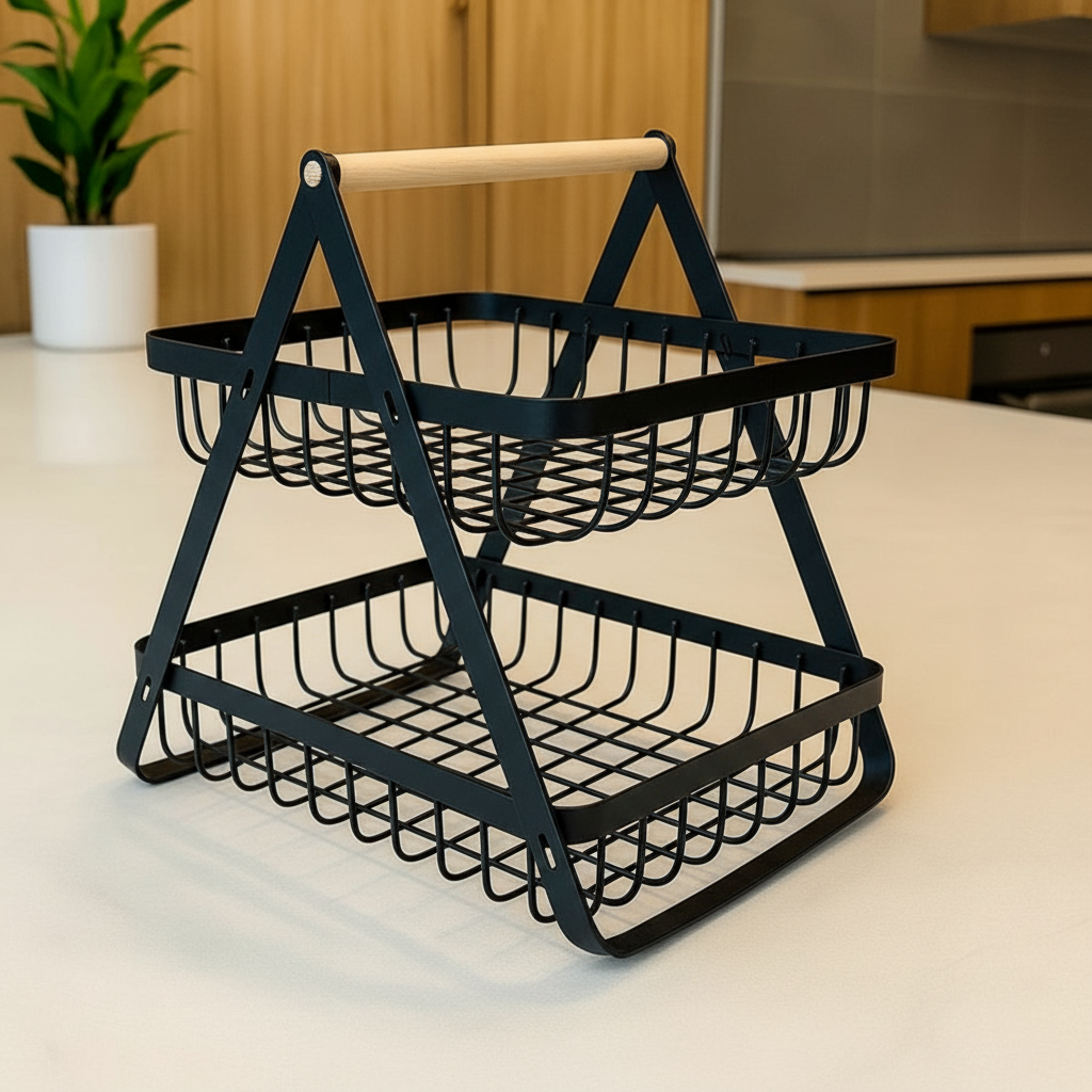Fruteira de Mesa 2 Andares em Ferro e Bambu  Organizadora Multiuso Preta