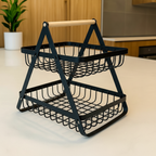 Fruteira de Mesa 2 Andares em Ferro e Bambu  Organizadora Multiuso Preta