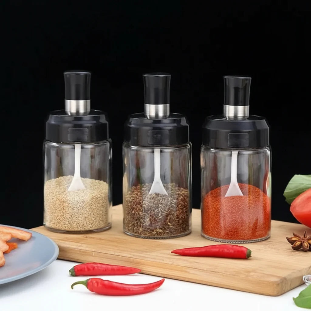 GlassChef - Kit Porta Tempero de Vidro com Tampa e Colher Embutida - Entrega Grátis