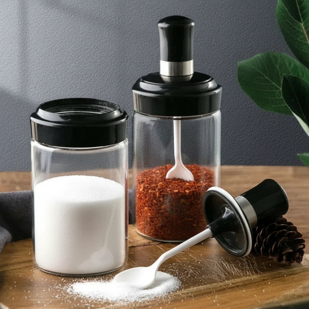 GlassChef - Kit Porta Tempero de Vidro com Tampa e Colher Embutida - Entrega Grátis