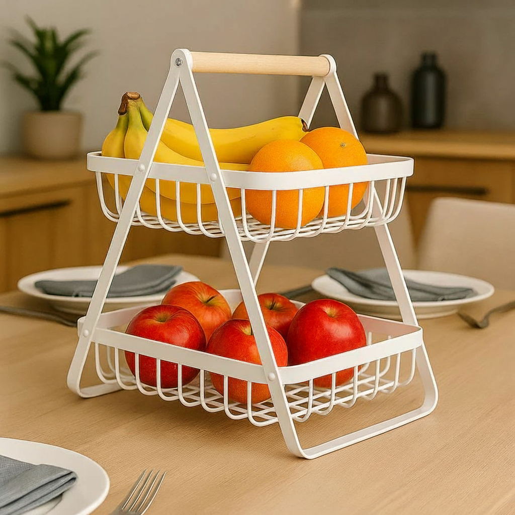 Fruteira de Mesa 2 Andares em Ferro e Bambu  Organizadora Multiuso Preta