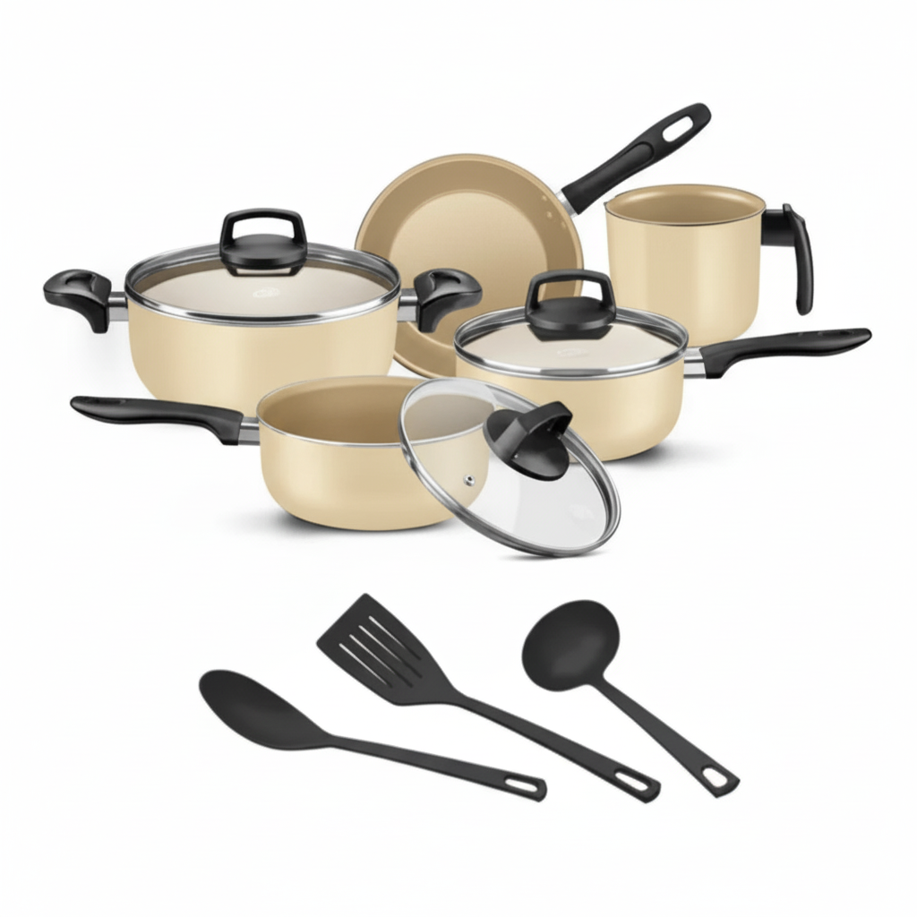 Jogo de Panelas 8 Peças Teflon Antiaderente Tampas de Vidro, Cozimento Rápido e Limpeza Fácil