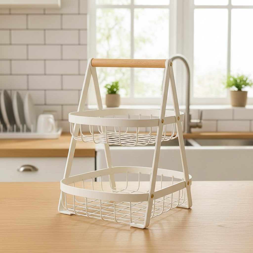 Fruteira de Mesa 2 Andares em Ferro e Bambu  Organizadora Multiuso Preta