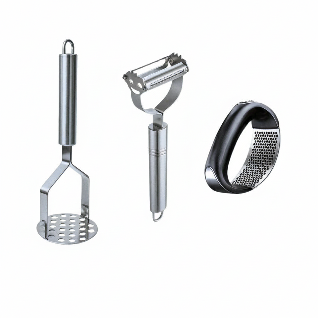 Kit 5 Peças Inox com Espremedor, Ralador 4 Faces e Amassador