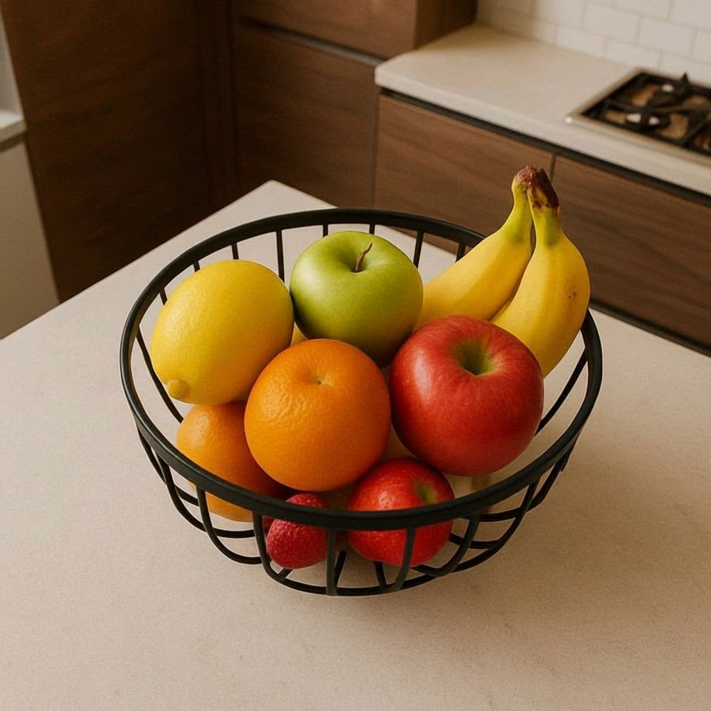 Fruteira de Mesa 2 Andares em Ferro e Bambu  Organizadora Multiuso Preta