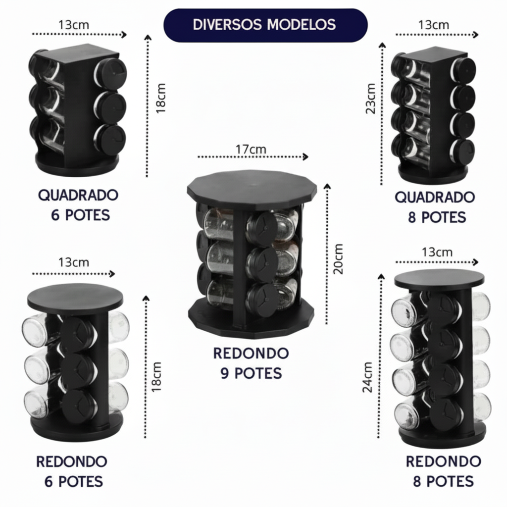 Chega de Bagunça na Cozinha! Porta Tempero Giratório Preto Premium com 6/8/9 Potes de Vidro Reforçado