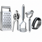 Kit 5 Peças Inox com Espremedor, Ralador 4 Faces e Amassador