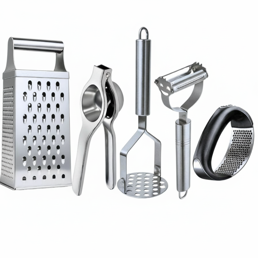 Kit 5 Peças Inox com Espremedor, Ralador 4 Faces e Amassador