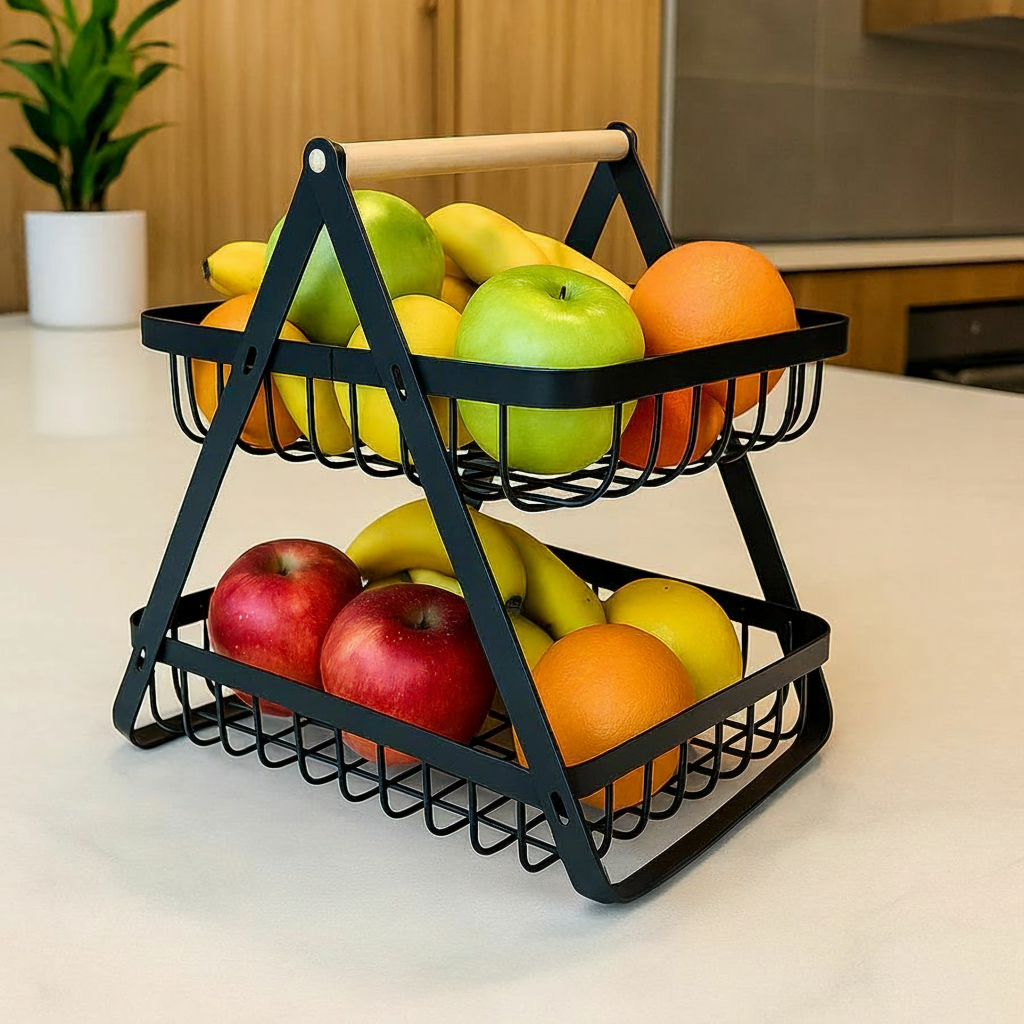 Fruteira de Mesa 2 Andares em Ferro e Bambu  Organizadora Multiuso Preta