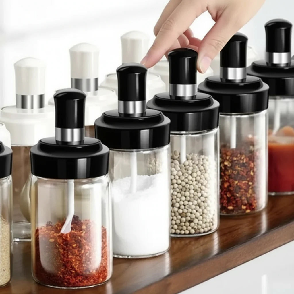 GlassChef - Kit Porta Tempero de Vidro com Tampa e Colher Embutida - Entrega Grátis