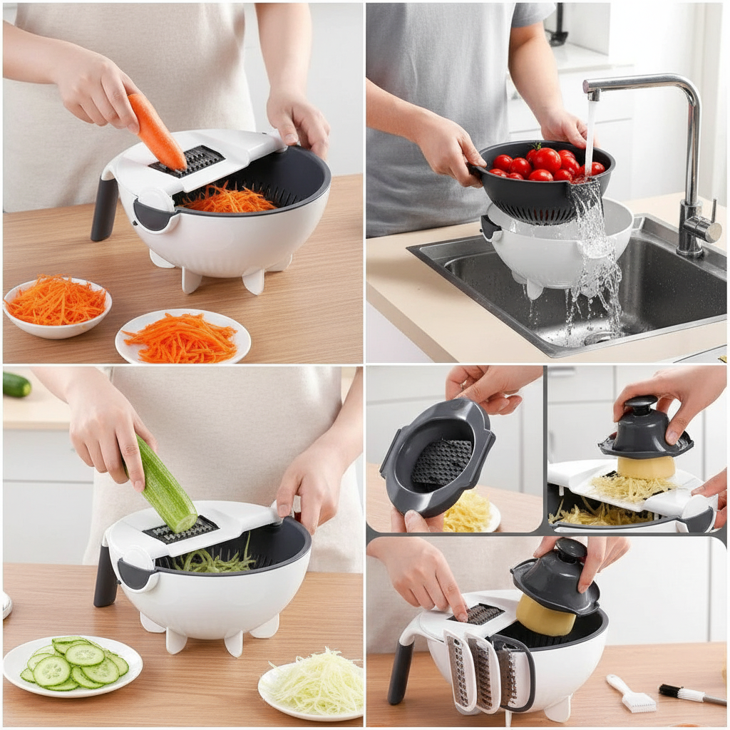 Ralador 9 em 1 com Escorredor e Descascador – Corte, Rale e Prepare Mais Rápido