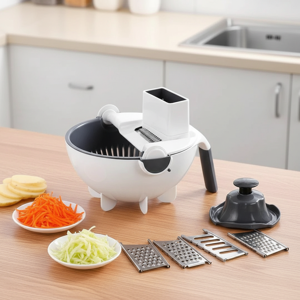 Ralador 9 em 1 com Escorredor e Descascador – Corte, Rale e Prepare Mais Rápido