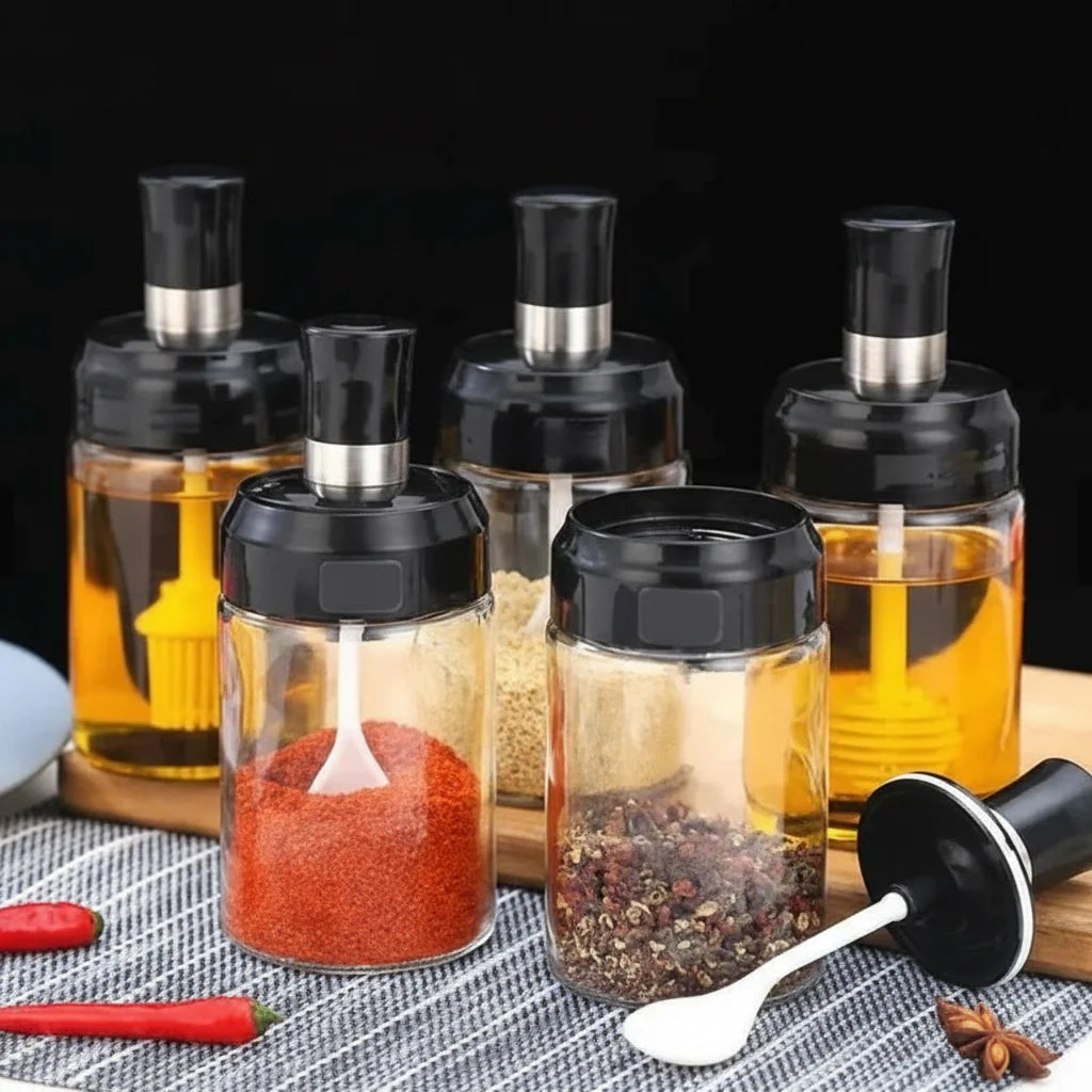 GlassChef - Kit Porta Tempero de Vidro com Tampa e Colher Embutida - Entrega Grátis