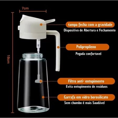 Azeiteira da Vovó Lúcia – Porta Azeite, Óleo e Vinagre com Spray Borrifador e Bico Dosador - Vovó Lúcia
