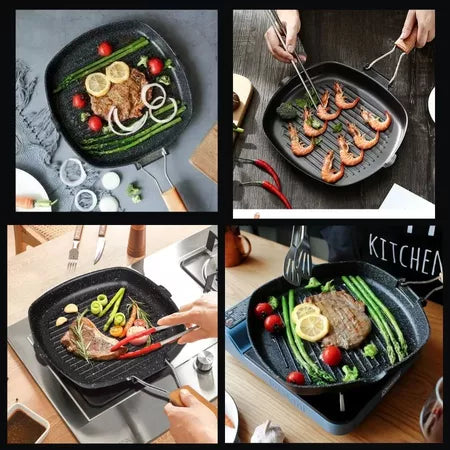 Frigideira Teflon Quadrada com Frisos Antiaderente Frangos Carnes