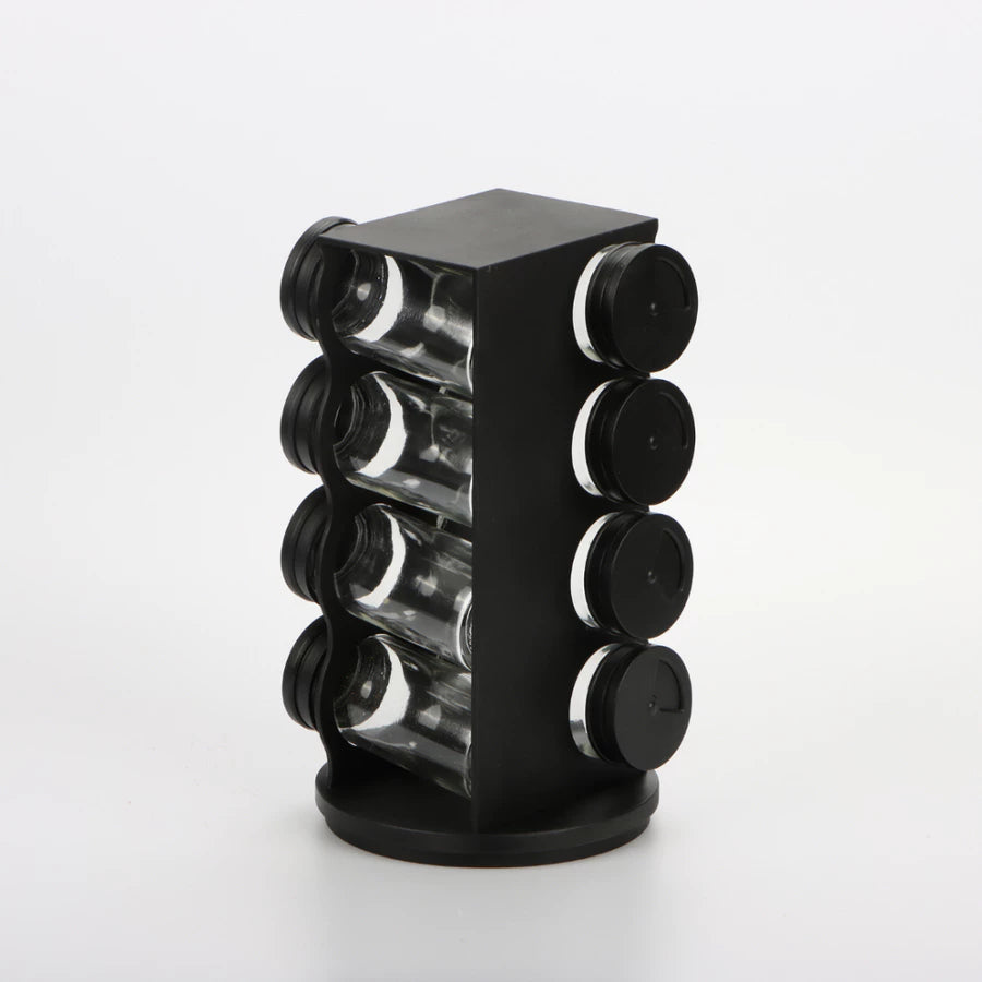 Chega de Bagunça na Cozinha! Porta Tempero Giratório Preto Premium com 6/8/9 Potes de Vidro Reforçado