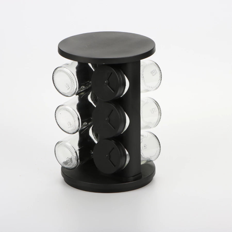 Chega de Bagunça na Cozinha! Porta Tempero Giratório Preto Premium com 6/8/9 Potes de Vidro Reforçado