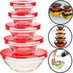 Kit 5 Bowls de Vidro com Tampa Hermética Micro-ondas, Geladeira e Freezer Empilhável