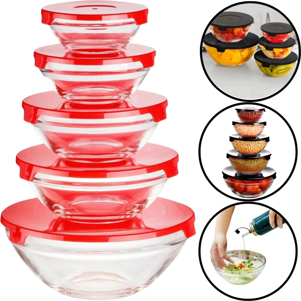 Kit 5 Bowls de Vidro com Tampa Hermética Micro-ondas, Geladeira e Freezer Empilhável