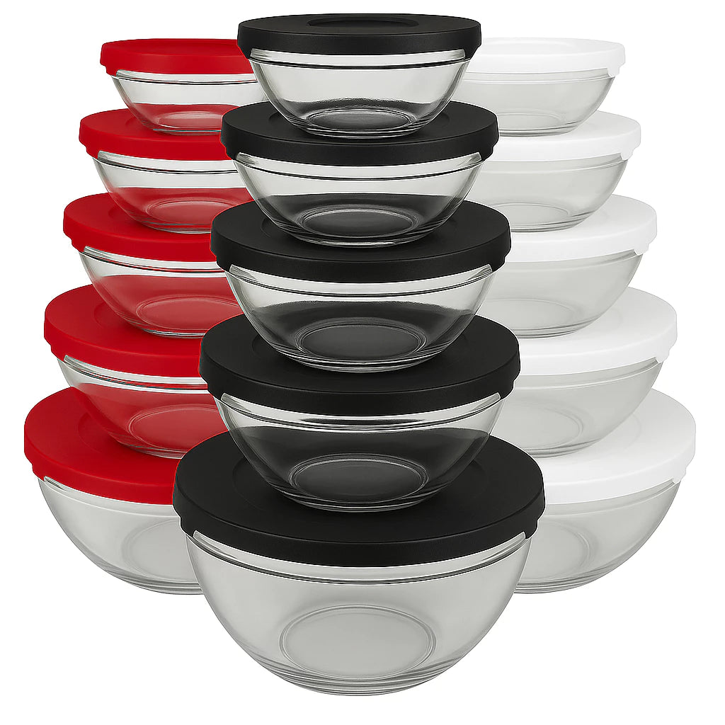 Kit 5 Bowls de Vidro com Tampa Hermética Micro-ondas, Geladeira e Freezer Empilhável