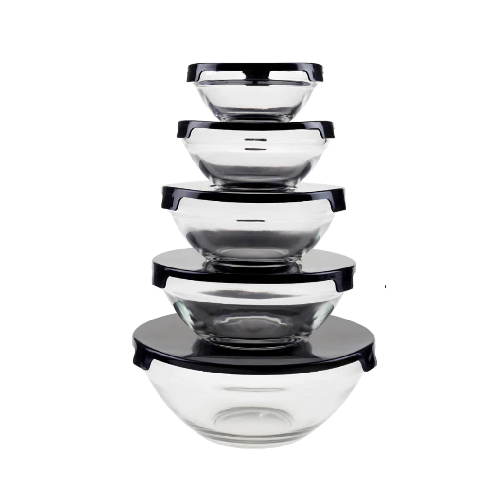 Kit 5 Bowls de Vidro com Tampa Hermética Micro-ondas, Geladeira e Freezer Empilhável