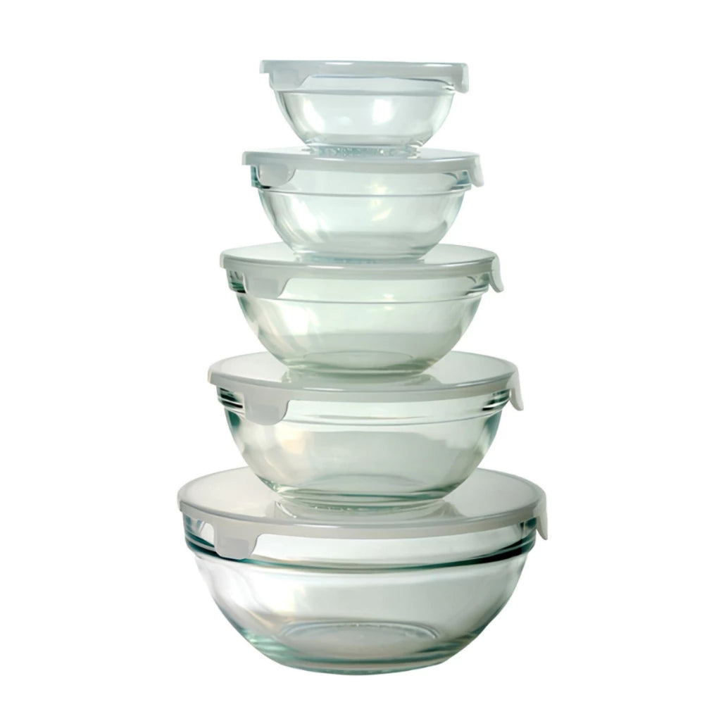 Kit 5 Bowls de Vidro com Tampa Hermética Micro-ondas, Geladeira e Freezer Empilhável