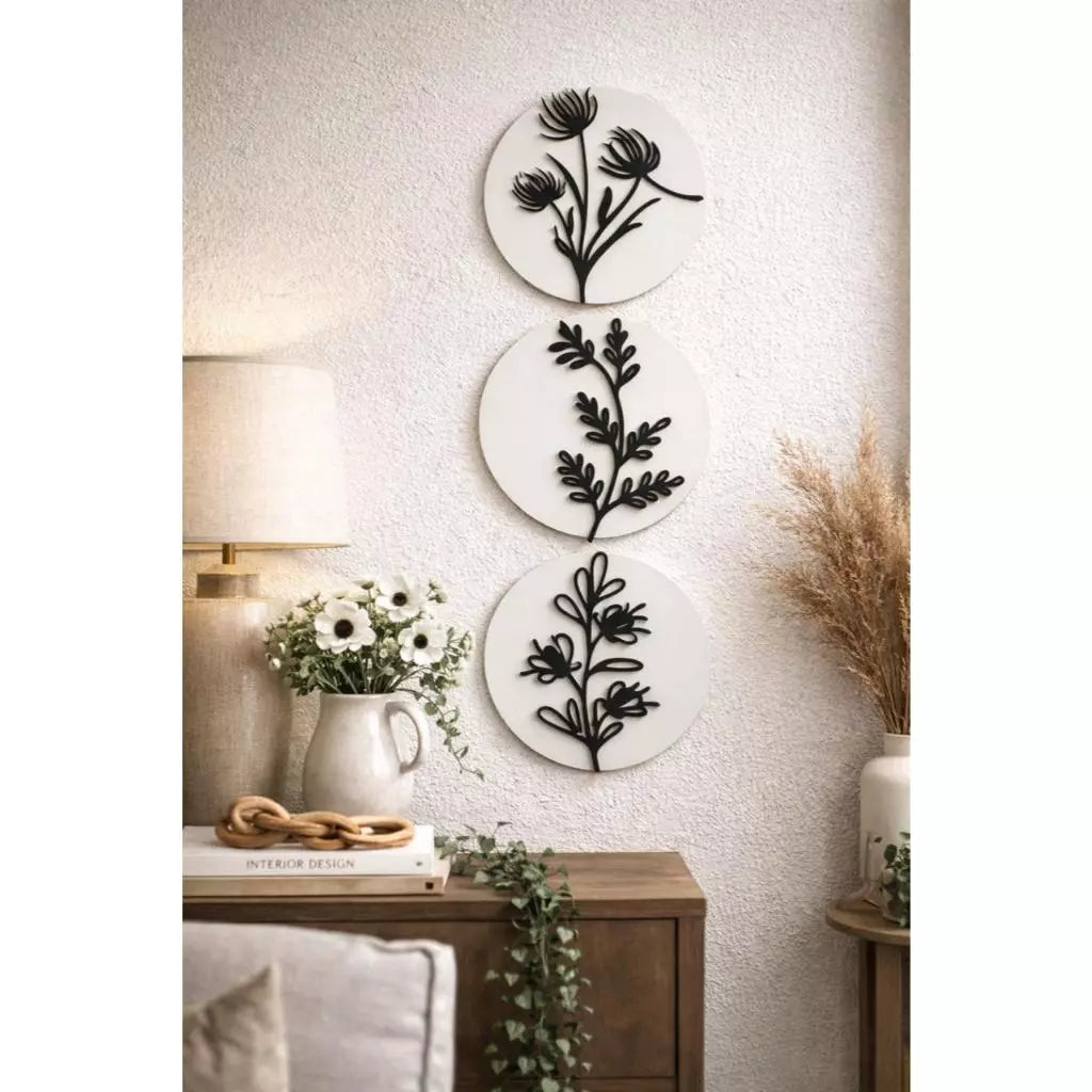 Trio de Quadros Florais Redondos em MDF