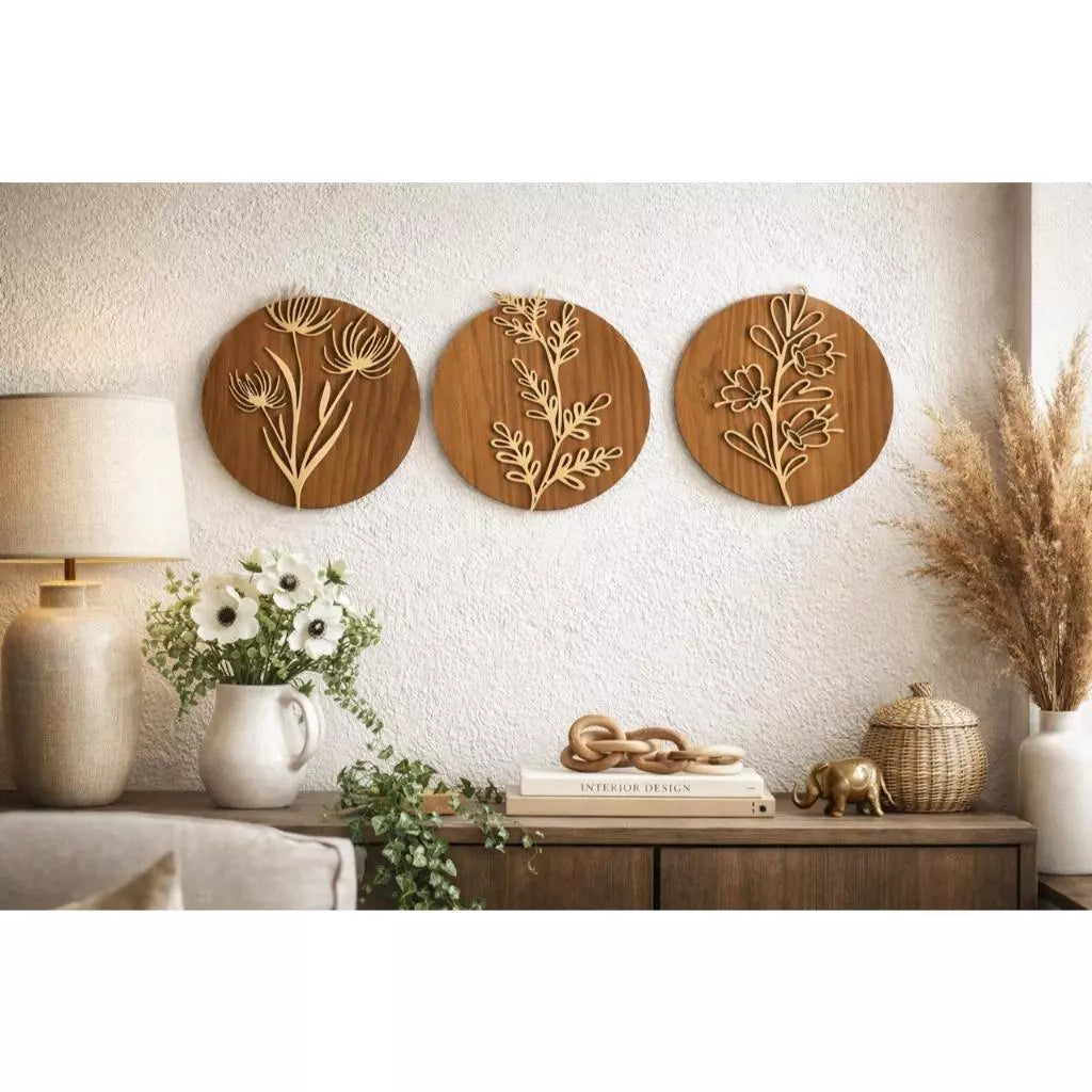 Trio de Quadros Florais Redondos em MDF