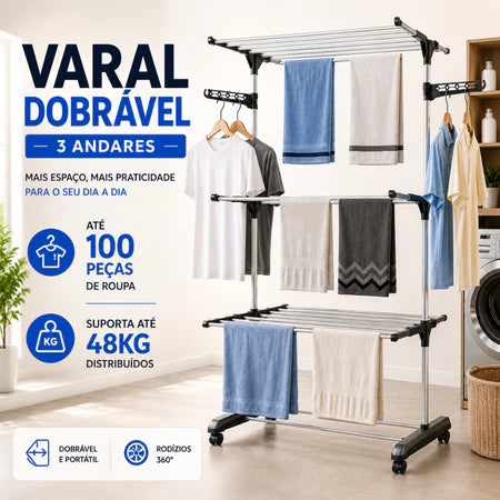 DryFlex -  Varal 3 Andares Reforçado Com Rodinhas Dobrável Portátil - Entrega Grátis
