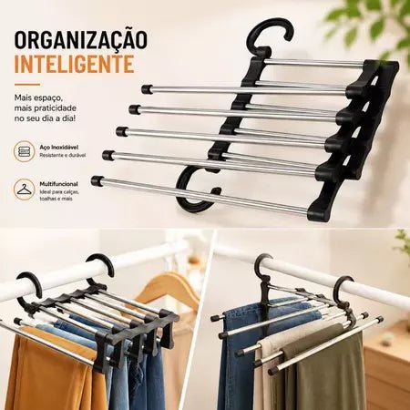 Cabide 5 em 1 da Vovó Lúcia – Cabide Retrátil Dobrável em Aço Inox, Organiza 5 Peças no Lugar de 1 - Vovó Lúcia