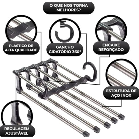 Cabide 5 em 1 da Vovó Lúcia – Cabide Retrátil Dobrável em Aço Inox, Organiza 5 Peças no Lugar de 1 - Vovó Lúcia