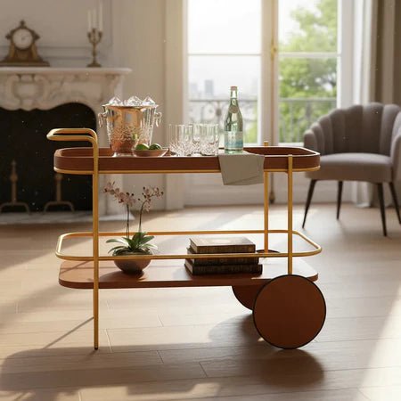 Carrinho Buffet Bar Decorativo em Madeira e Metal Dourado 100 cm - Vovó Lúcia