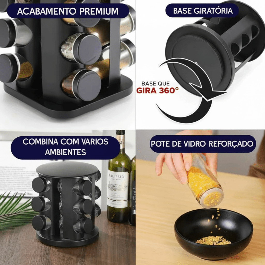 Chega de Bagunça na Cozinha! Porta Tempero Giratório Preto Premium com 6/8/9 Potes de Vidro Reforçado comprar Porta Tempero Giratório original Vovó Lúcia