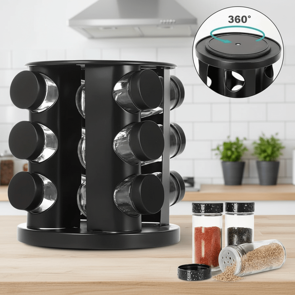 Chega de Bagunça na Cozinha! Porta Tempero Giratório Preto Premium com 6/8/9 Potes de Vidro Reforçado comprar Porta Tempero Giratório original Vovó Lúcia