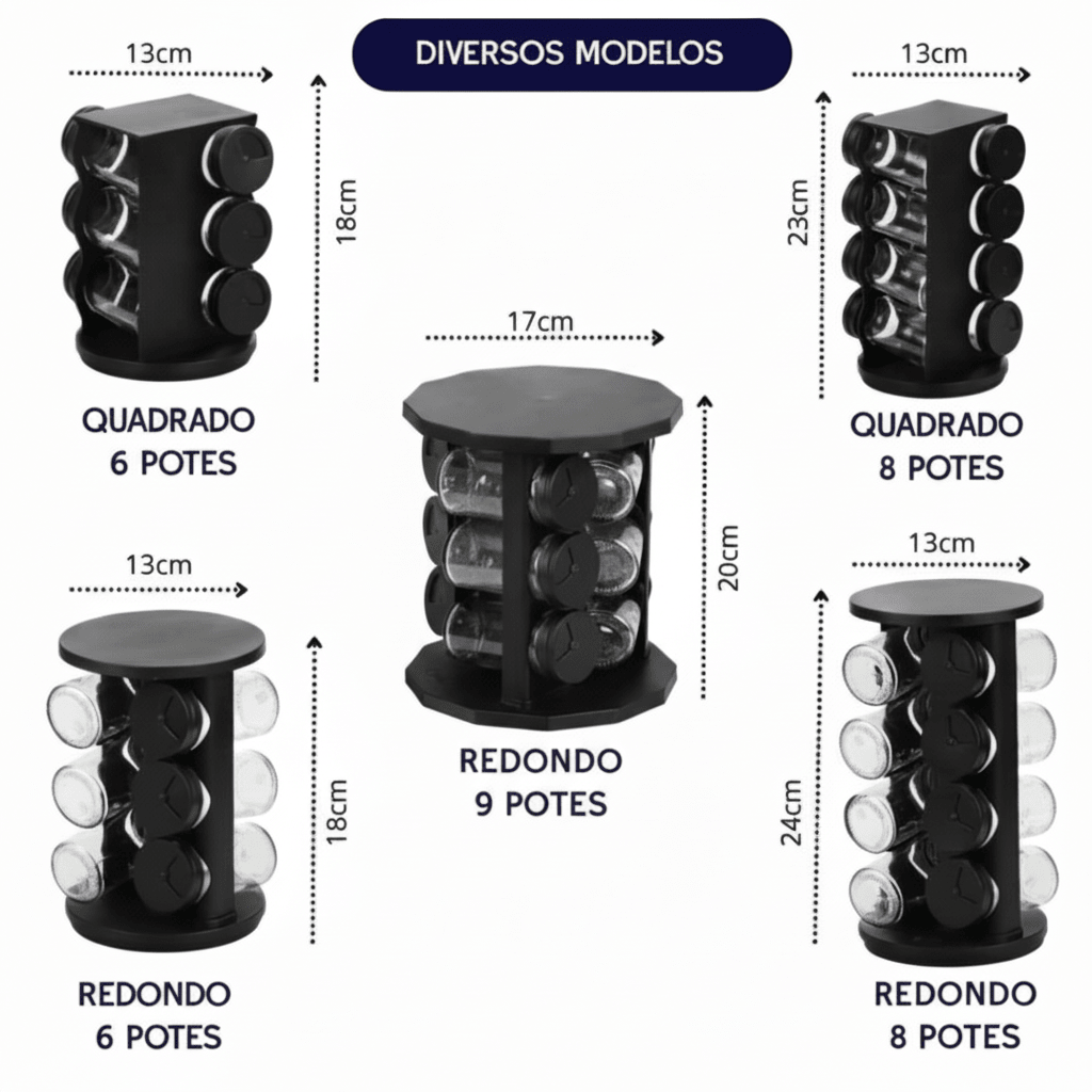 Chega de Bagunça na Cozinha! Porta Tempero Giratório Preto Premium com 6/8/9 Potes de Vidro Reforçado comprar Porta Tempero Giratório original Vovó Lúcia