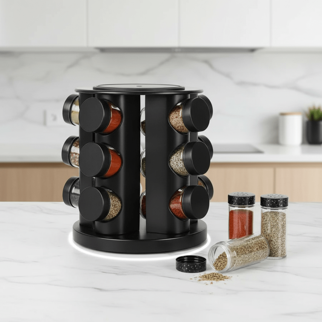 Chega de Bagunça na Cozinha! Porta Tempero Giratório Preto Premium com 6/8/9 Potes de Vidro Reforçado comprar Porta Tempero Giratório original Vovó Lúcia