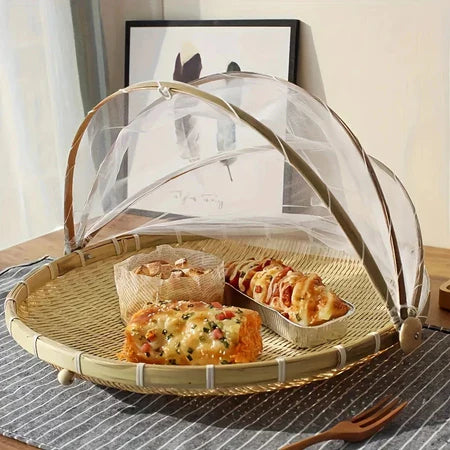 BambuFresh – Cesto de Bamboo com Cobertura de Tela Retrátil Protetor de Alimentos - Entrega Grátis