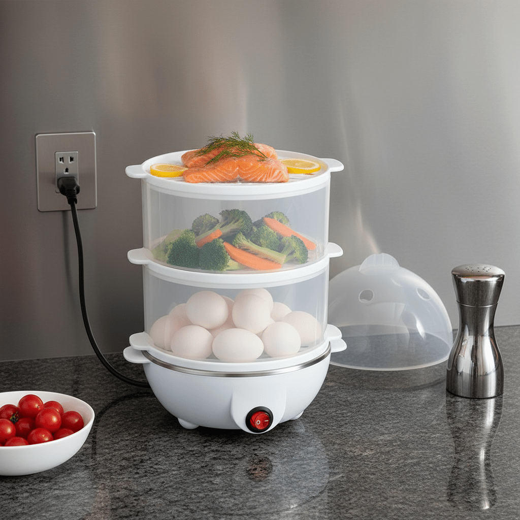Cozedor Elétrico Rápido 3 Camadas Acabe com a Demora e Cozinhe Sem Trabalho comprar Cozedor Turbo 3 em 1 Sem Bagunça original Vovó Lúcia