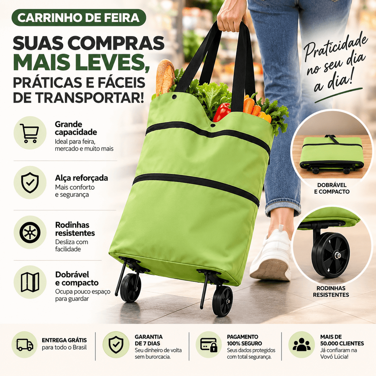 FeiraFlex – Carrinho de Feira Dobrável com Rodinhas e Alça Reforçada - Entrega Grátis - Vovó Lúcia