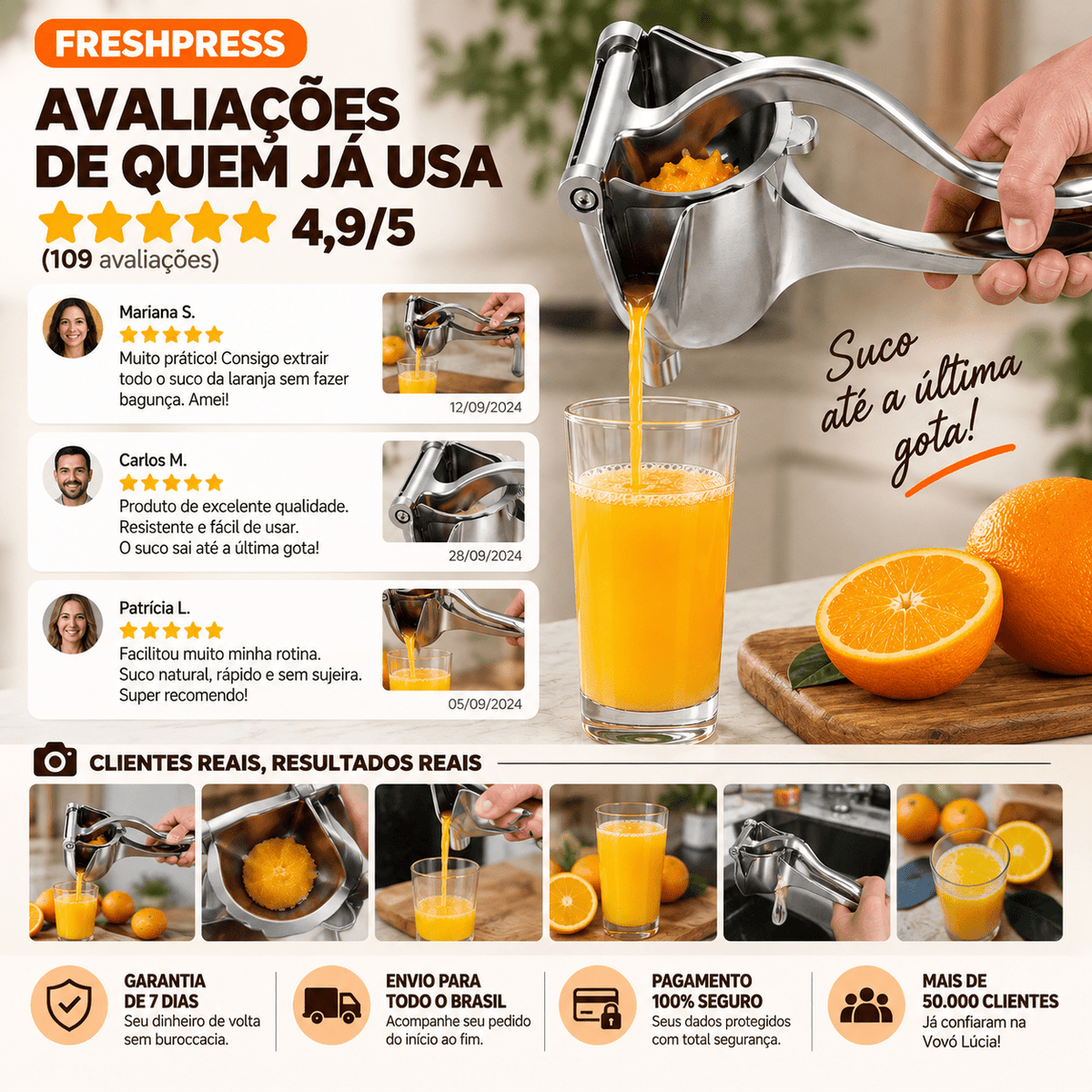 FreshPress – Extraia mais suco das frutas em segundos sem esforço e sem sujeira - Entrega Grátis - Vovó Lúcia